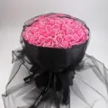 99 pink soap roses bouquet in black wrapping net, romantic gift for Valentine and birthday. - Black Mesh with Light / Pink