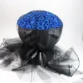 99 blue soap roses bouquet in black wrapping paper, perfect romantic gift for Valentine's Day. - Black Mesh with Light / Blue