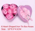 Vista detallada de 6 rosas de jabón rosas en una caja metálica con forma de corazón - 6 flores de jabón / Rosa