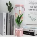 Transparent cylinder gift box with artificial pink tulips, home decor and photography prop. - Champagne Pink