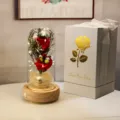 Rose rouge éternelle sous cloche en verre avec LED et coffret cadeau blanc élégant - Boîte Blanche de Qualité (Base Bois + 2 Fleurs de Savon + Boîte Musique) / Rouge