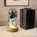 Rose éternelle bleue dans un dôme en verre LED avec un emballage cadeau de luxe - Boîte Noire de Qualité (Base Bois + 2 Fleurs de Savon + Boîte Musique) / Bleu