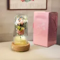 Rose rose enchantée sous une cloche en verre avec LED et son sac cadeau assorti - Boîte Rose en Carton Ondulé (Base Bois + 2 Fleurs de Savon + Boîte Musique) / Rose