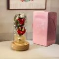 Vue détaillée d'une rose rouge éternelle sous cloche avec LED et boîte cadeau rose - Boîte Rose en Carton Ondulé (Base Bois + 2 Fleurs de Savon + Boîte Musique) / Rouge