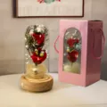 Gros plan d'une rose éternelle rouge sous cloche en verre avec guirlande LED. - Boîte Rose à Fenêtre (Base Bois + 2 Fleurs de Savon + Boîte Musique) / Rouge