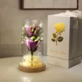 Cúpula de vidrio rosa de jabón con luces LED y elegante caja de regalo blanca - Caja Blanca de Alta Gama / Paquete de 2 Rosas de Jabón y Mariposas / Púrpura
