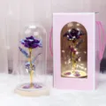 Vista detallada de rosa de hoja de oro brillante bajo cupula de cristal, regalo. - Púrpura