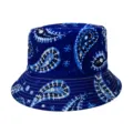 Vista di dettaglio cappello da pescatore blu motivo cachemire, cappello sole vintage. - Adulto 55-58cm / Motivo paisley blu reale