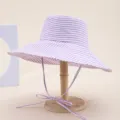 Purple white striped wide brim bucket hat detail, stylish sun protection beach summer hat. - Diagonal Stripe Purple