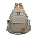 Grey casual nylon backpack with brown leather trim, stylish daily school bag for students. - Khaki