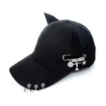 Metal ring decoration and pin detail on black cat ear baseball cap, street hip-hop style - Adult 55-58cm / Safety Pin Airplane Black