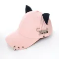 Pink baseball cap with cute cat ears, metal rings on brim, and stylish charm pin for women. - Adult 55-58cm / Pink With Plane Pin