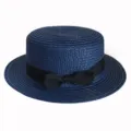 Classic navy blue straw boater hat with a black ribbon bow, perfect for summer outdoor sun. - Adult 55-58cm / Navy Blue with Bow
