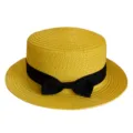 Detailed view of yellow woven straw hat featuring classic black ribbon bow for summer sunshade. - Adult 55-58cm / Bow Yellow