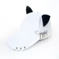 Detail view of white streetwear baseball cap with black cat ears and metal pin charms. - Adult 55-58cm / Safety Pin Tools White