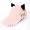 Pink cat ear baseball cap with metal rings and punk safety pin charms for street style. - Adult 55-58cm / Pink With Tool Pin