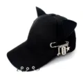 Black cat ear baseball cap with metal rings and punk safety pin charm for street style. - Adult 55-58cm / Safety Pin Tools Black