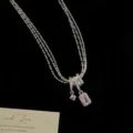 Elegante dreilagige Silberkette mit einem rosafarbenen rechteckigen Zirkon-Anhänger-Set - Rosa Rechteckiger Zirkonia Anhänger (R5742)