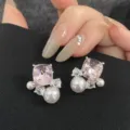 Eleganti orecchini quadrati in zircone rosa con perle bianche per donna, gioielli fini - Stile Orecchino Diamante Quadrato Rosa (R2452)