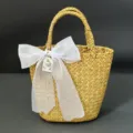 Handwoven straw storage basket with white sheer bow pastoral style wedding gift basket - 16*11cm / Pure White Tulle + Basket