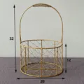 Gold wire gift basket detail showing dimensions, metal mesh candy basket for weddings and parties. - Round Basket
