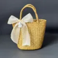 Handmade straw woven gift basket with elegant white bow ribbon, perfect for pastoral decor. - 16*11cm / Champagne Tulle + Basket