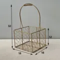Gold wire basket detail showing metal mesh design, sturdy handle, and product dimensions. - Square Basket