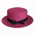 Fuchsia straw boater hat with black bow detail, breathable summer flat top sun hat for beach. - Adult 55-58cm / Rose Red Bow