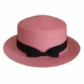 Pink flat-top straw hat with elegant black ribbon bow, breathable design for summer. - Adult 55-58cm / Dusky Pink Bow