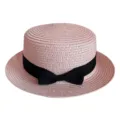 Pink straw boater hat detail, featuring classic black ribbon bow and breathable woven texture. - Adult 55-58cm / Bow Light Pink