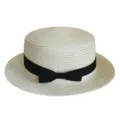Straw boater hat with black ribbon detail, lightweight and breathable for summer sun protection. - Adult 55-58cm / Bow Milky White