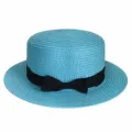 Light blue flat top straw hat detail, featuring a stylish black ribbon bow and breathable weave. - Adult 55-58cm / Sky Blue with Bow