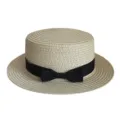 Detailed view of summer flat top straw hat with black ribbon bow for outdoor sun protection. - Adult 55-58cm / Bow Beige