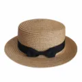 Spring summer breathable straw hat flat top stylish beach sun protection hat detail view. - Adult 55-58cm / Khaki Bow