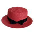 Red straw boater hat with black ribbon bow, breathable vintage sun hat for summer outdoor beach. - Adult 55-58cm / Watermelon Red with Bow