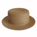 Straw boater hat detail showing tight natural weave texture, flat crown and wide brim design. - Adult 55-58cm / Khaki