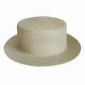 Detailed view of a beige straw boater hat featuring a flat top design and wide brim for summer. - Adult 55-58cm / Beige