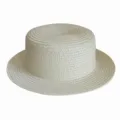 Detailed view of the woven straw texture on this classic flat-top boater hat for summer sun. - Adult 55-58cm / Cream