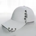 White women baseball cap with metal rings chain Korean style fashion summer sun hat - White