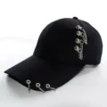 Black metal ring chain baseball cap streetwear punk style cool hat for women student sun. - Black