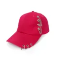 Hot pink baseball cap for women with metal rings and chain fringe, stylish summer hat. - Rose Red