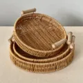 Round imitation rattan storage tray with wooden handles, stacked design, desktop organizer. - Set of 3 (Small+Medium+Large)