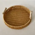 Nordic style round rattan storage basket with wooden handles, ideal for desktop organization. - Large Round Tray 28x4.5x7.5cm