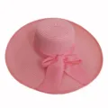 Wide-brim pink straw sun hat with elegant ribbon bow for women's summer beach travel - Adult 55-58cm / Pink
