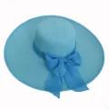 Macro detail of a summer blue straw sun hat for women with a large brim and a mesh bow decoration. - Adult 55-58cm / Sky Blue
