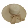 Elegant wide-brimmed straw sun hat featuring a decorative oversized linen bow detail - Adult 55-58cm / Beige
