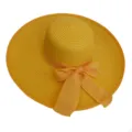 Detailed top-down view of a wide-brim yellow straw sun hat featuring a decorative bow - Adult 55-58cm / Yellow