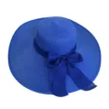 Royal blue wide-brimmed straw sun hat with matching mesh bow decoration for beach travel. - Adult 55-58cm / Sapphire Blue