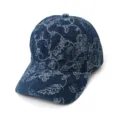 Retro washed denim baseball cap with white floral print, casual sun protection hat for couples. - Adult 55-58cm / 10 Blue