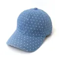 Detailed close-up shot of the blue denim baseball cap featuring white polka dots and texture. - Adult 55-58cm / Light Blue